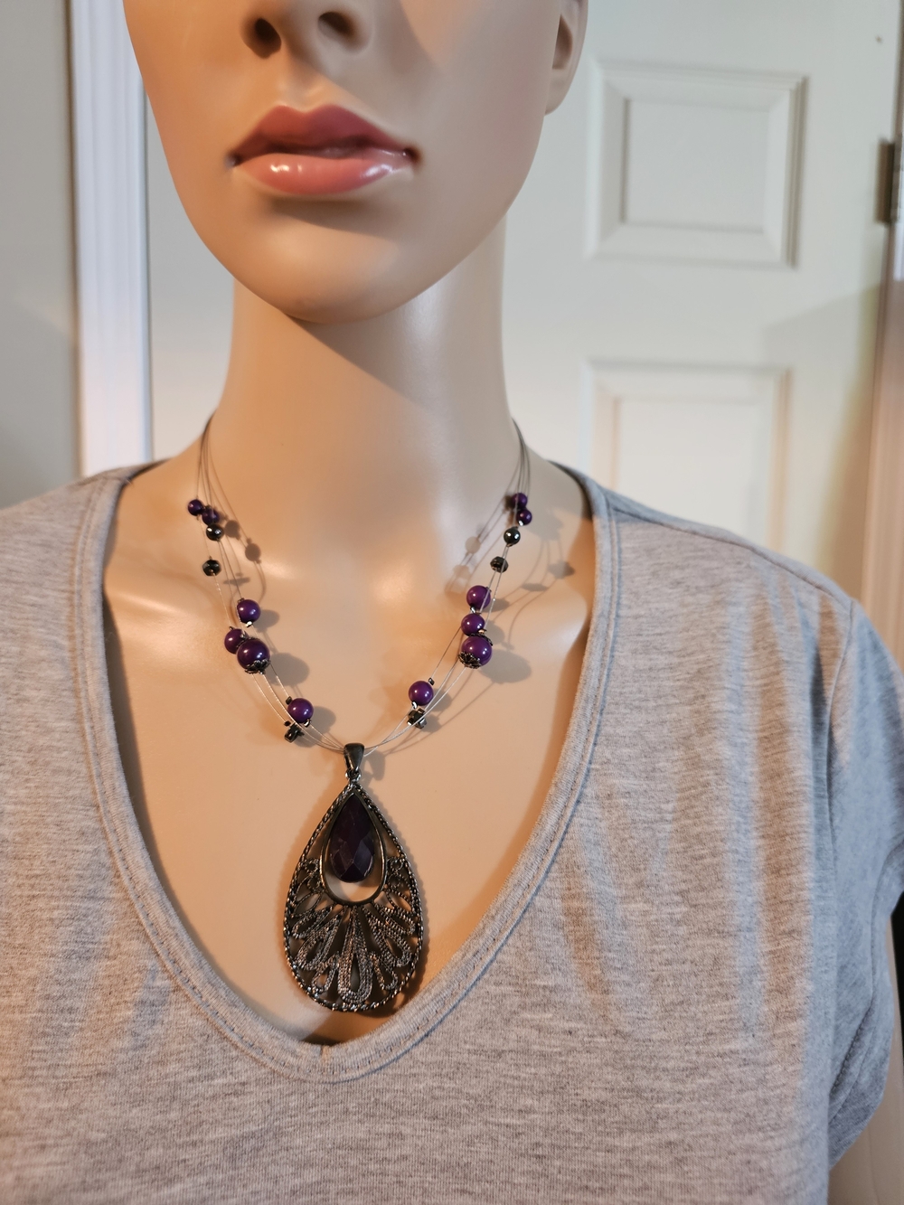 Purple Bead Multi-Strand Pendant Necklace with Ornate Teardrop